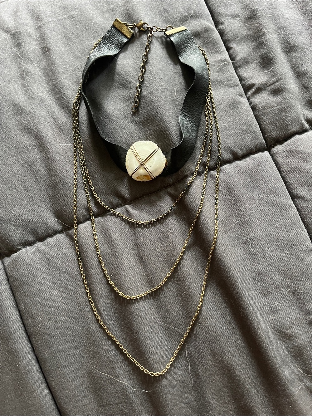 Multi-Chain Black Ribbon Choker Necklace with White Accent Stone
